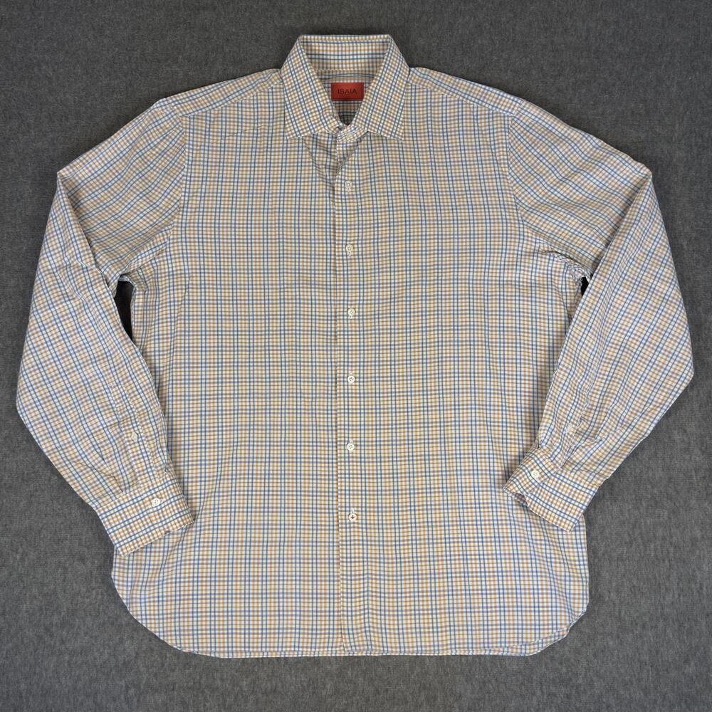Isaia Dress Shirt Mens 17.5 Multicolor Check Long Sleeve Made In Italy Cotton